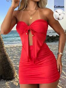 INAWLY 女士夏季新款柔软棉质抹胸上衣，荷叶边不对称下摆，搭配百褶迷你裙，性感两件套 - 紅色 - 查看 3