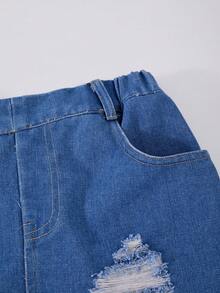 SHEIN 两件套：少女休闲粉色荷叶边吊带背心和蓝色做旧牛仔短裤，配格子腰带，百搭时尚日常装 - 彩色 - 查看 7