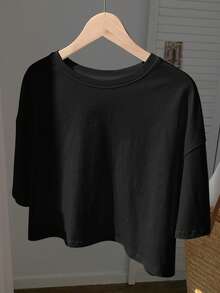 Comfortcana Solid Color Crew Neck Casual Short Sleeve T-Shirt, Summer - Black - View 3