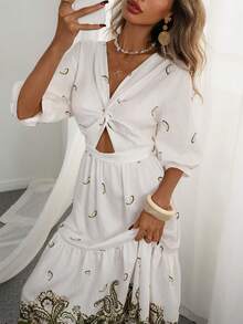 Breezaya Women's Casual Elegant Romantic 3/4 Sleeve Dress With Twist Cutout Floral Pattern, Suitable For Vacation And Daily Wear - White - View 6