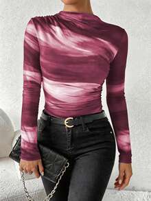 Selianne Asymmetrical Ruched Long Sleeve Gradient Print T-Shirt, Autumn/Spring Graphic Tees - Pink - View 3