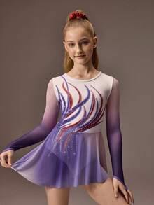 SHEIN 少女花样滑冰服，专业运动，日常训练，校园比赛，时尚图案，插肩袖，防走光裙摆设计，高弹舒适弹力花样滑冰服，秋冬季款 - 粉色 - 查看 8