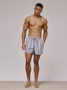 Musero Pantalones cortos de baño con cintura elástica con cordón, estampado gráfico de rayas contrastantes, esenciales de primavera y verano para vacaciones en la playa - Multicolor - Ver 2