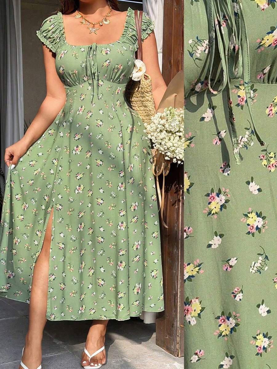 Sunnyshic Ditsy Floral French Collar Slit Dress - Green - View 1