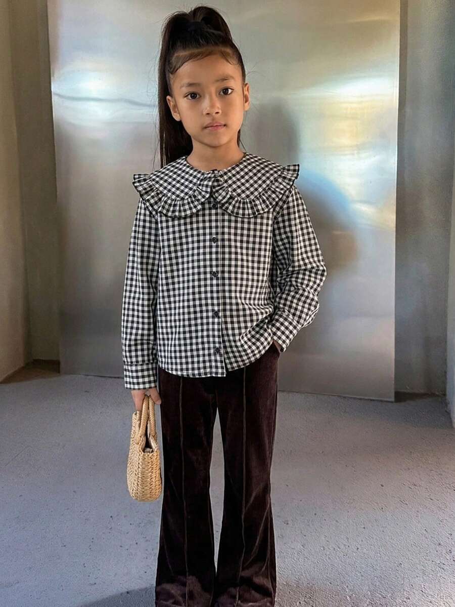 Dazy Kids Tween Girl Front Button Long Sleeve Plaid Casual Shirt - Black and White - View 1