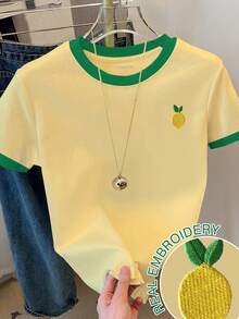 Resyla Plus Size Summer Casual Contrast Color Lemon Embroidery T-Shirt - Multicolor - View 1