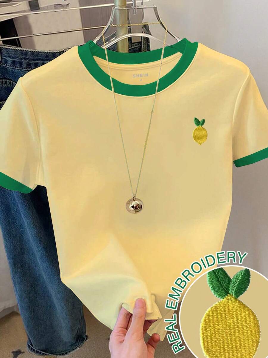 Resyla Plus Size Summer Casual Contrast Color Lemon Embroidery T-Shirt - Multicolor - View 1