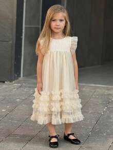 DAZY Young Girls Round Neck Mesh Dress, Fall Outfit - Apricot - View 4