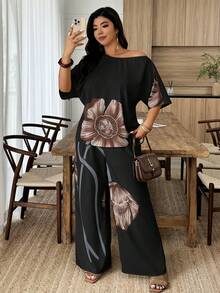 Weeklong 女士加大码不对称领印花宽松上衣和直筒裤两件套，适合度假和日常穿着，春夏款 - 彩色 - 查看 5