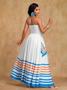 Brilight 女士条纹印花，优雅休闲宽松连衣裙，非常适合外出，适合日常聚会和婚礼穿着。 - 杏色 - 查看 2