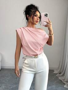 Elenzga Women's Summer Solid Color Elegant Asymmetrical Shoulder Ruffle Batwing Sleeve Blouse - Baby Pink - View 8