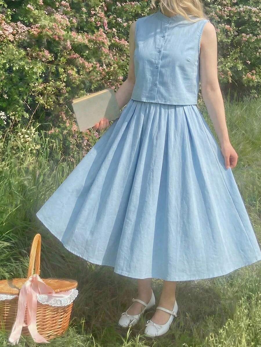 夏季波西米亚风柔软少女纯色立领纽扣前襟无袖上衣搭配百褶裙优雅套装,浅蓝色连衣裙,适合青少年女孩,中长款连衣裙,休闲优雅少女连衣裙 - 淺藍色 - 查看 1