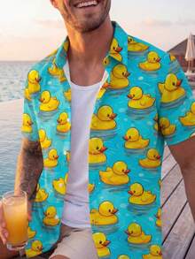 VIVINTIMO Men Duck Print Funny Graphic Color Block Simple Everyday Button Short Sleeve Shirt - Multicolor - View 3