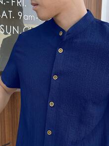 Mainfolk Men's Woven Casual Solid Color Short Sleeve Shirt Vacation Navy Blue Summer - Blue - View 4