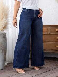 SHEIN CURVE+ Quần jean ống rộng dáng rộng, không co giãn, chất liệu denim, dành cho nữ cỡ lớn. - Rửa tối - Xem 3