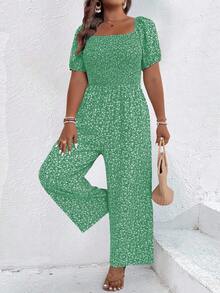 SHEIN Clasi Plus Size Ditsy Floral Square Neck Short Sleeve Jumpsuit - Green - View 6