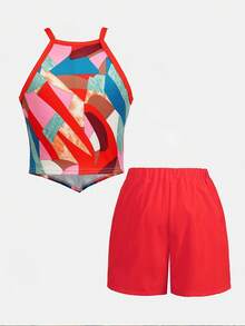 Bộ 2 món cho bé gái, thích hợp mặc đi biển, phong cách nhiệt đới, gồm áo tank top móc cổ bất đối xứng và quần short cargo, đồ đôi cho chị em gái. - Nhiều màu - Xem 4