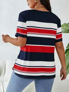 SHEIN LUNE Plus Size Summer Casual Colorblock Striped Short Sleeve T-Shirt - Multicolor - View 2