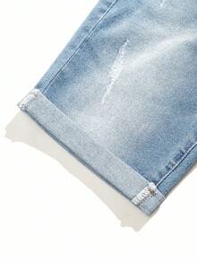 SHEIN Quần short denim xanh dương đơn giản, cơ bản, co giãn, ôm sát, chất liệu mềm mại, thích hợp mặc hàng ngày và mùa hè cho bé trai. - Rửa nhẹ - Xem 4