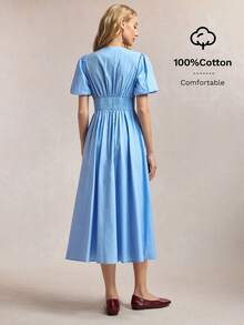 BizChic 夏季新款蓝色褶皱连衣裙，饰有蘑菇纽扣，泡泡袖，腰部褶裥，优雅百搭，适合办公室、正式场合、休闲场合，浪漫的90年代复古风，也适合派对、婚礼宾客、伴娘、女主人、日常穿着。 - 淺藍色 - 查看 3