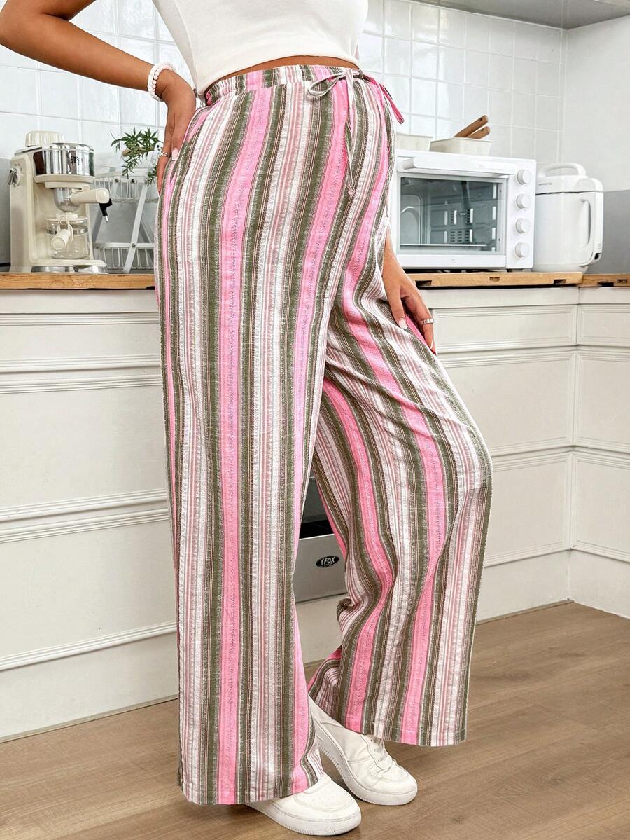SHEIN Quần bầu dáng rộng, cạp chun, kẻ sọc cầu vồng - Nhiều màu - Xem 1
