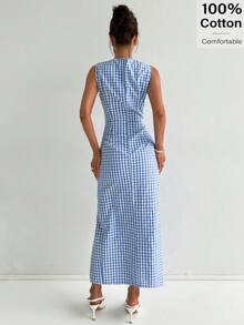 Siren Gaze Women's New Summer Clothes Elegant Party Dresses ,Work Outfits For Women,Casual Dresses For Women, Women's Plaid Round Neck Pleated Casual Sleeveless Dress, Summer Women's Dress Women's Summer Dresses Women Clothes Dress Women's Summer Co Ord Women's Summer Outfits,Summer Dresses For Women - Blue - View 2