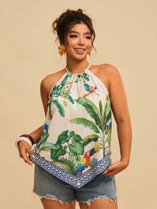 Travachic Women's Spaghetti Strap Sleeveless Loose Parrot & Tropical Plant Print Scarf Summer Tops,Multicolor Boho Beach Holiday Outfits Casual Tank Blouses - Multicolor - View 1