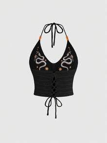 ROMWE Fairycore Summer Outfits Gothic Snake Skin Embroidered Deep V-Neck Plus Size Knit Top, Summer - Black - View 2