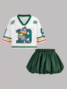 Bộ 2 món cho bé gái gồm áo thun ngắn in hình hoạt hình dễ thương và chân váy phồng, trang phục thường ngày thoải mái. - Nhiều màu - Xem 11