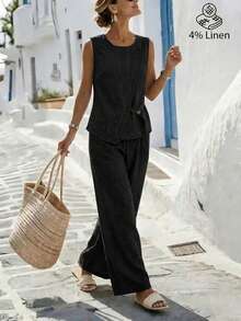 Breezaya 女士不对称设计无袖衬衫搭配褶裥纽扣装饰阔腿裤两件套，休闲舒适，适合春夏通勤。 - 黑色 - 查看 5