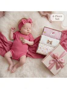 4件套新生女宝宝夏季可爱针织卡通兔子和碎花连体衣套装 - 彩色 - 查看 3