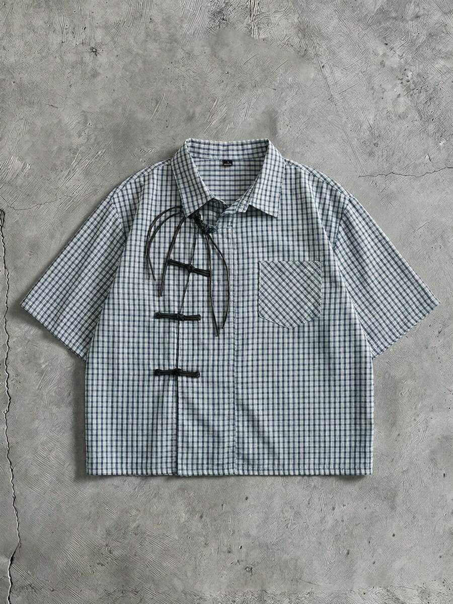 ROMWE MEN Street Life Men's New Chinese Style Turndown Collar Polo Shirt - Blue - View 1