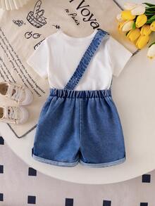 SHEIN Playful Pals 2件組女嬰幼童甜美白色T恤搭配花卉刺繡牛仔吊帶褲 藍白配色夏季休閒度假彈性腰牛仔短褲 - 白色 - 查看 2