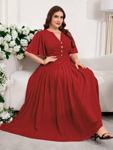 Reflora Red Plus Size Women V-Neck Ruched Waist Elegant Satin Party Summer Dress,Wedding Guest Formal Evening Gown,Prom Graduation Birthday Holiday Outfits - Red - View 9