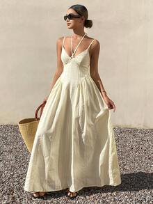 Livesso Beach Party Holiday Outfit Easter Vacation Summer V-Neck Waist Cinched Mid-Length Dress For Women Sundress - Beige - View 8