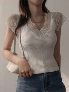 DAZY Women's Lace Korean Style Elegant Short Sleeve Knit Top Summer - White - View 6