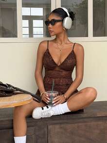 Muchica Brown Lace Romantic Camisole Top & Skirt Set For Women - Brown - View 5