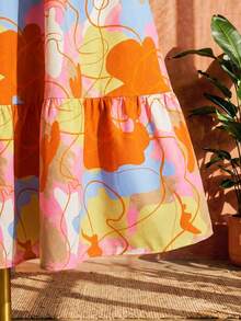 SHEIN CURVE+ Curve 尺码 US22 音乐节、海滨度假、波西米亚浪漫度假女式印花荷叶边轻盈收腰多层褶皱连衣裙 - 彩色 - 查看 4