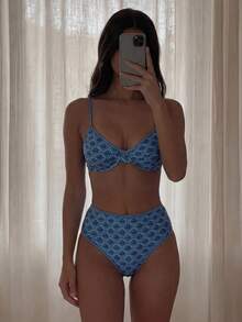 Costavie 2026春夏女士蓝色碎花钢圈文胸可调节肩带后扣高腰比基尼泳衣两件套，度假 - 彩色 - 查看 1