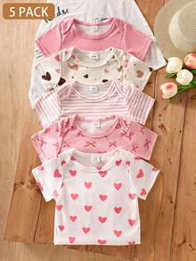 SHEIN Playful Pals 5件套女婴夏季休闲爱心蝴蝶结条纹印花连体衣套装 - 彩色 - 查看 3
