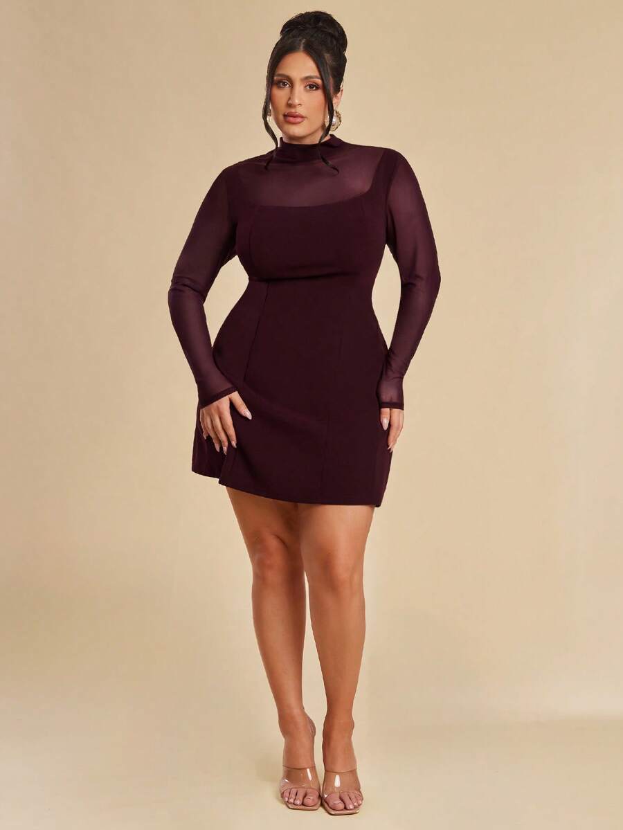 SHEIN BAE Robe midi déchirée à manches longues en maille sexy et patchwork pour femmes de grande taille, robe mini élégante en maille bordeaux avec dos découpé pour femmes, robe moulante de soirée à col montant et manches longues en maille transparente avec détail de dos découpé en bordeaux, parfaite pour les fêtes, robe mini sophistiquée en bordeaux pour femmes avec manches longues transparentes, col montant et design de dos découpé à la mode - Lie de vin - Voir 1