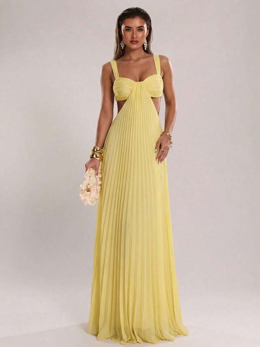 SHEIN BAE Đầm chữ A màu vàng, chất liệu vải xếp ly rỗng, eo, thích hợp cho kỳ nghỉ xuân/hè dành cho nữ, phù hợp đi biển, tụ họp bạn bè, tiệc sinh nhật. - Màu vàng - Xem 1
