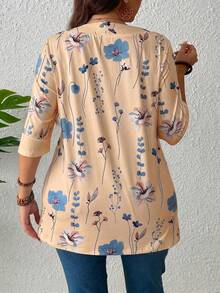 EMERY ROSE Kaos Wanita Musim Panas Motif Bunga dan Daun Patchwork 2 In 1 Atasan Wanita - Khaki - View 2