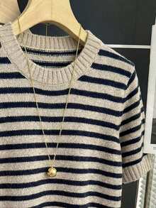 Franclia Nueva llegada Primavera/Verano Estilo coreano Casual Suelta Personalizada Blusa de punto a rayas de color contrastante para mujer - Caqui - Ver 7
