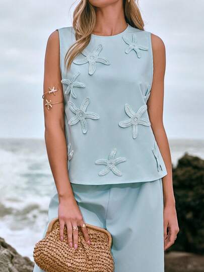 Amorya Women's Elegant Starfish Decor Shirt And Elastic Waist Straight Leg Pants 2 Pieces Set, Suitable For Beach, Vacation, Dating, Home, Commuting And Multiple Occasions