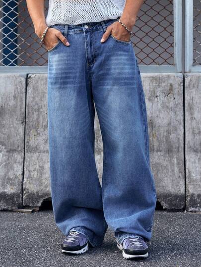 EVRINFINITE 1件 Justice Brother 复古水洗宽松阔腿牛仔裤，休闲情侣款（破洞裤脚）