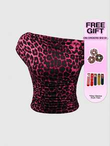 ROMWE Grunge Punk Y2K Shibuya Girl Chic Leopard Print Bodycon Asymmetric Ruched Women T-Shirt - Hot Pink - View 5