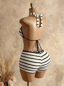 Bellisia 春夏新款无袖无领抹胸短款印花比基尼套装（两件套），拼接蕾丝，Yk2少女风，适合海滩度假 - 彩色 - 查看 4