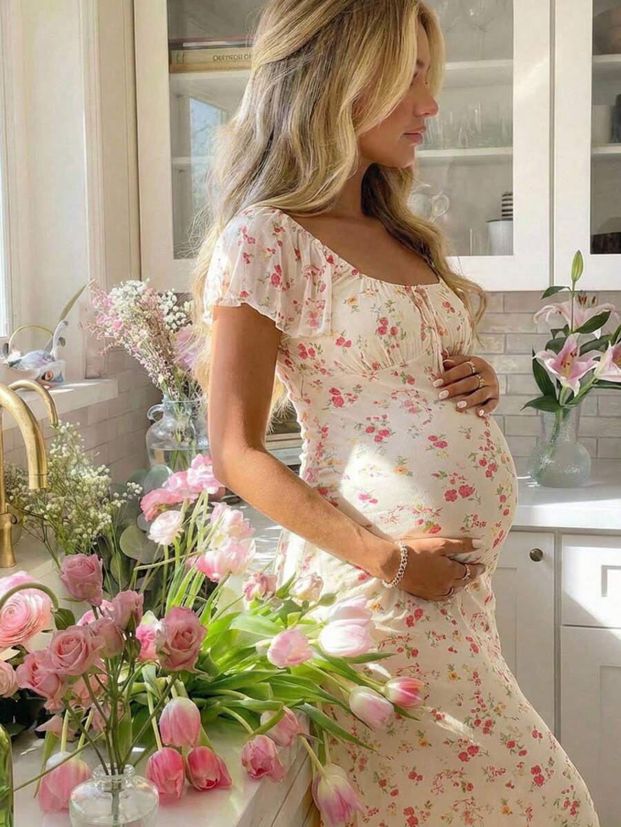 SHEIN Vestido casual de vacaciones con estampado floral y drapeado para maternidad - Amarillo - Ver 1