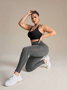 Rhythm Era Plus Size Solid Color Mesh Patchwork High Waist Yoga Pants With Pockets - Grey - View 5